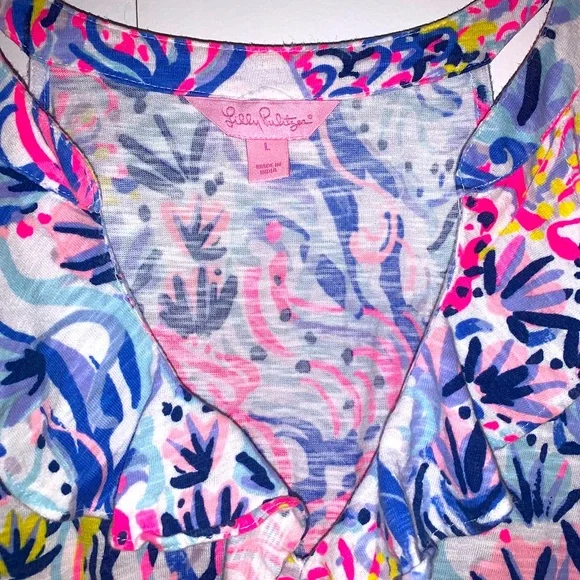 Lilly Pulitzer Shay Dress Sleeveless Ruffled V Neck Razorback Soft Cotton L - Picture 3 of 8